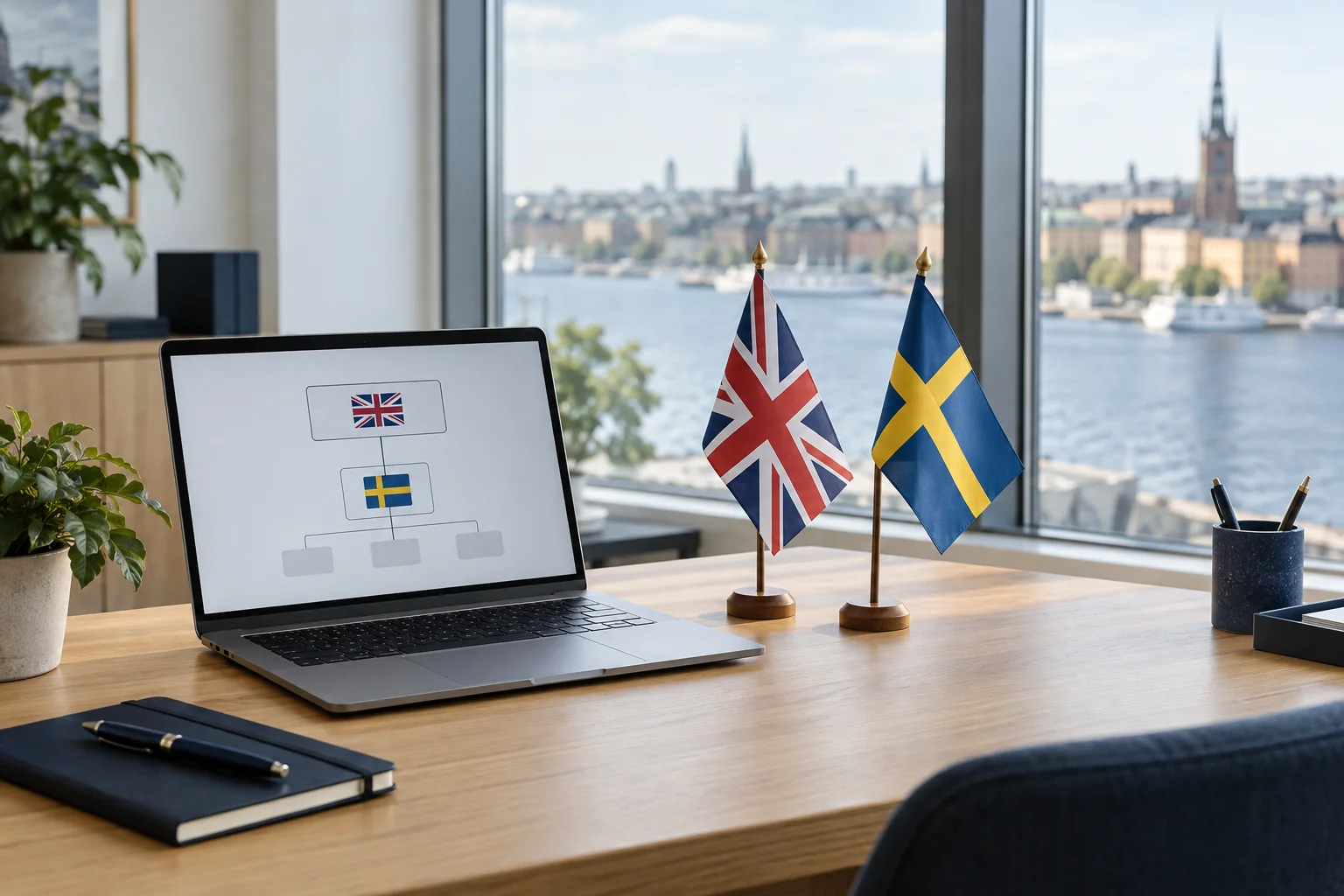 AI-generated illustration of a Swedish office desk with a laptop and British and Swedish desktop flags