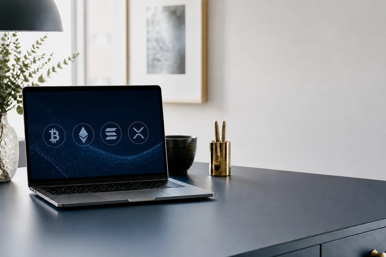 Computer screen showing Bitcoin, Ethereum, Solana and XRP symbols at Skattepunkten