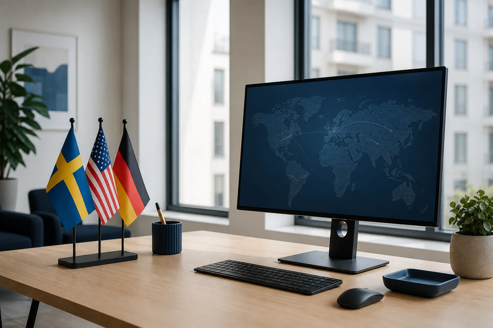 Office desk with Swedish, American and German flags and an international map