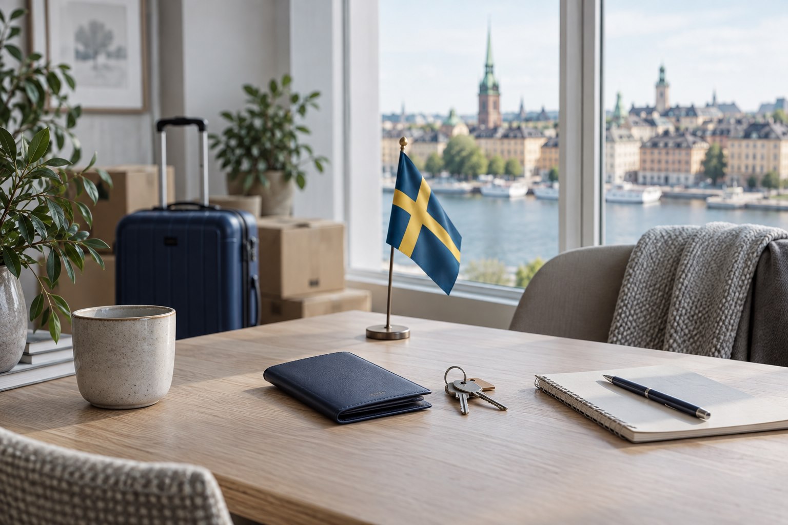 AI-generated Nordic home-office scene with a Swedish flag, travel wallet, house keys and suitcase